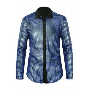 Men's Blue Metallic Grid Pattern Dress Shirt